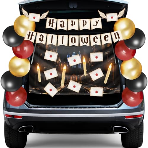 Trunk or Treat Car Decorations Kit - Floating Candles with Remote, Magic Floating Letters, Backdrop Banner, Wizard Decor for SUV, Outdoor Halloween Use
