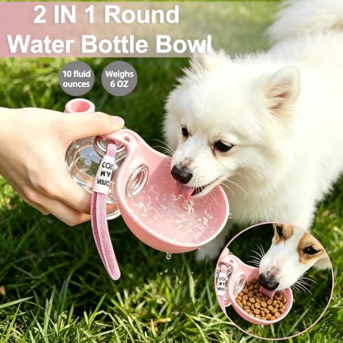 Image of Dog Water Bottle Portable, 2in1 Round Dog Water Bowl PET 10oz | Leak Proof Pet Water Dispenser, Foldable Silicone Bowl Drinking Bottle for Dogs Puppy Cats Travel Walking Hiking Camping Pink