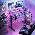 MOTPK 32 Inch Small Gaming Desk with LED Lights & Power Outlets, Computer Desk Gaming Table with Monitor Shelf, Gamer Desk with Carbon Fiber Texture, Kids Boys Desk Gift for Men - Image 2