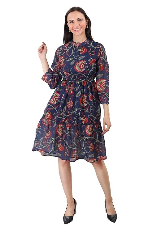 Image of A-Line Floral Printed Fit & Flared Western Brown Dress for Women | One Piece Midi Dress for Women Stylish Western Printed Dresses
