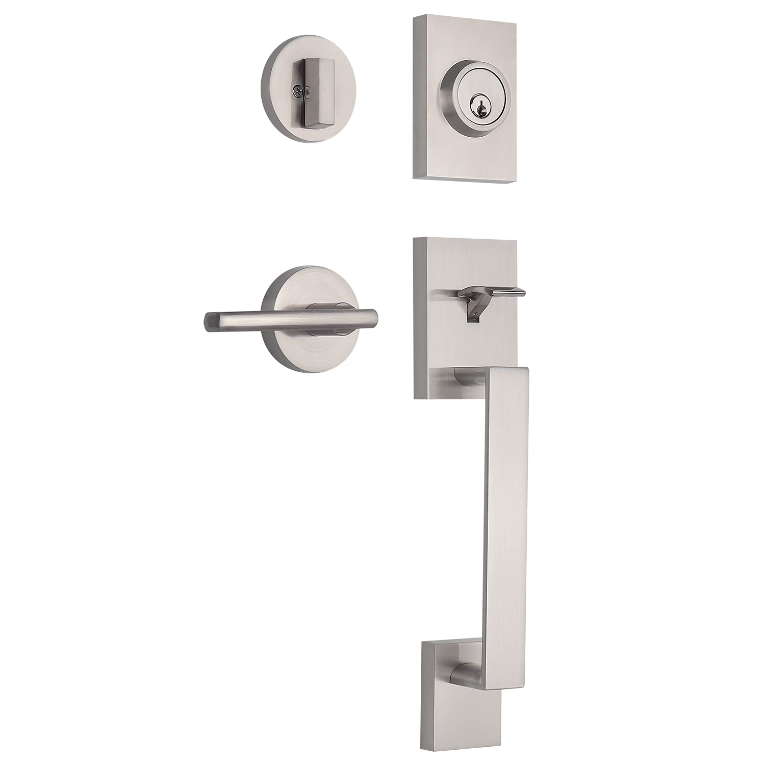 Haven Modern Handleset Front Door Entry Handle and Deadbolt with Reversible Inside Lever Trim (Round Thor Lever Trim, Satin Nickel)