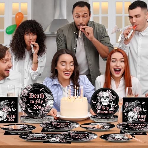 Image of Qyeahkj 100 Pcs 30th Birthday Party Supplies Death to My 20s Paper Plates and Napkins Set Disposable Black Rose Gold Rip to My 20s Tableware Decorations for Women Funeral Youth Party Serve 25 Guests