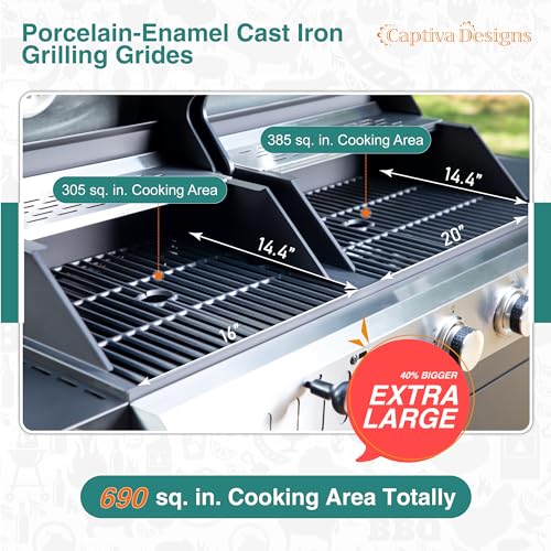 Image of Captiva Designs Propane Gas and Charcoal Grill Combo with Side Burner & Porcelain-Enameled Cast Iron Grate, Dual Fuel BBQ Grill for Outdoor Events & Backyard Barbecue, 690 SQIN Cooking Area