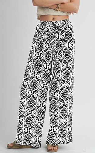 Image of PRETTYGARDEN Womens Pants Elastic Waist Floral Lightweight Palazzo Pants for Women Casual Lounge Wide Leg Pants Woman