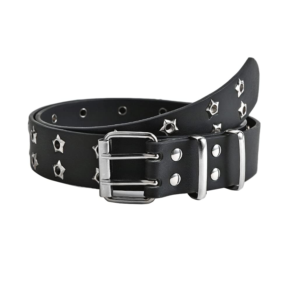 Double Grommet Punk PU Leather Hollow Eyelet Studded Belt - 2 Hole Grommet Casual Jeans Belt for Women & Men (Black)