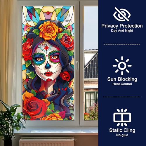 Vinilo decorativo ventana estilo vidriera calavera Dia de muertos miniatura 2