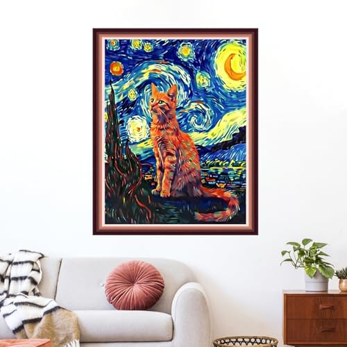 Image of Funxvoot Stamped Cross Stitch Kits for Beginners or Adults Embroidery Starter Patterns | DIY Needlepoint for Adults 11CT-Cat Appreciation of Van Gogh Stars and Moon 16x20 inch