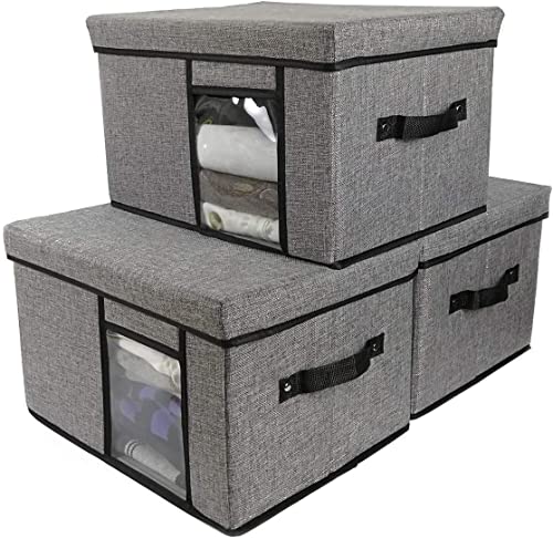 Image of Double R Bagd Fabric Storage Bins with Lid, 2 Handles and Clear Window, 16x12x10 inches (LxWxH) Washable Foldable Storage Basket Cube Box (Pack of 3, Grey)