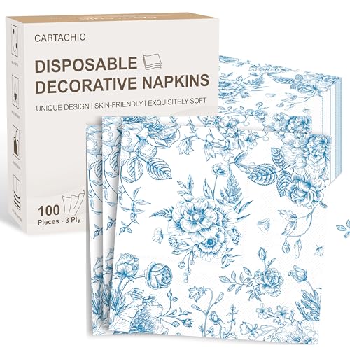 Servilletas de papel azules florales decorativas, 100 unidades desechables