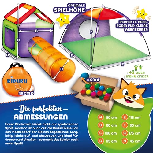 KIDUKU Kinderspielzelt Bällebad Pop Up Spielzelt Iglu Spielhaus + Krabbeltunnel + 200 Bälle + Tasche, für drinnen und draußen