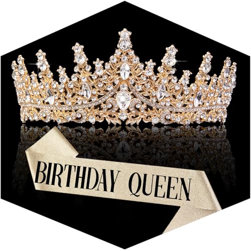 Birthday Sash and Crown for Women, Gold Crystal Princess Tiaras...