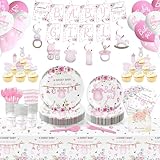 218 Pcs Baby Shower Decorations Girl, Baby Shower Party Plates and Cups and Napkins Sets,24-Pack Pink & Floral Design for Girl Gender Reveal Decorations,13-Piece Party Supplies for Baby Girls Themes