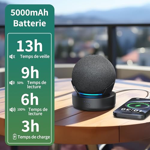Batterie pour Dot 4/5 génération - Support de Batterie 5000 mAh Portable Accessoires sans Fil Accessoires Haut-Parleur (Noir) – vue 3