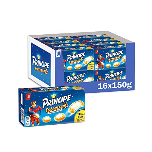Príncipe Estrellas, Galletas Cubiertas de Chocolate Blanco y Rellenas de Crema con Leche y en Forma de Estrella, 16 x 150 g