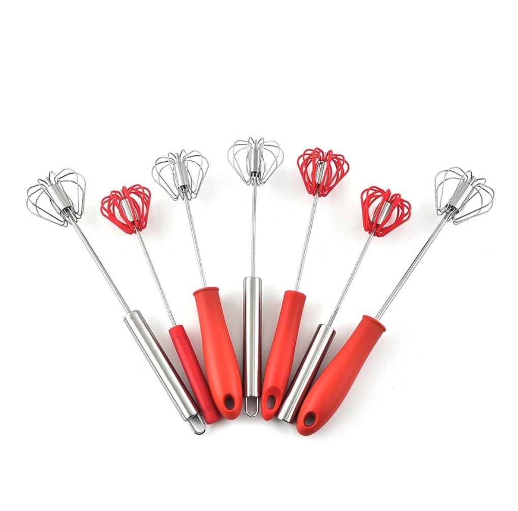 Varillas de Batir para Cocinar Mezclador Semiautomático De Acero Inoxidable, Herramienta Multifunción, Batidor De Huevos Giratorio Manual, Herramienta De Mezcla De Cocina Huevos, Espumar, Batir(Rot)