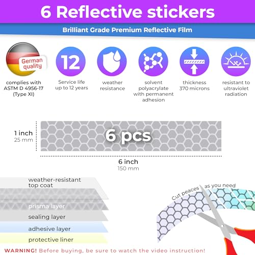 Image of LOOM Reflective Stickers for Helmet | 6pcs Brilliant Gray | Similar to 3M Reflective Tape | Bike Reflectors for Night Riding, Mailbox reflectors | Waterproof hi vis Decals for Car, Trailer
