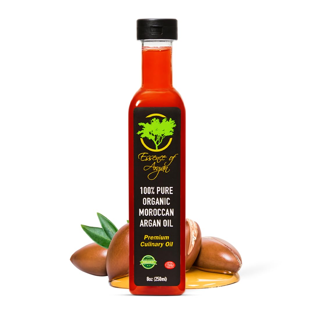 Essence of Argan Organic Moroccan Argan Oil for Cooking 8 Ounces - USDA Approved, Eco-Certified Organic Argan Oil with Rich Nutrients - Premium Culinary Oil & Keto Dressing with Toasted Nutty Flavor