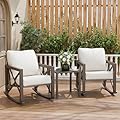 VONZOY Outdoor Rocking Bistro Set, Patio Rocking Chairs Set of 2 with Coffee Table, 3 Pieces Metal Conversation Sets with 6.5" Thick Cushions for Backyard, Porch, Poolside, Oversized (Beige)