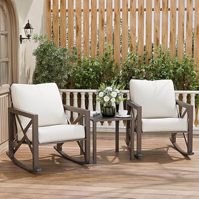 VONZOY Outdoor Rocking Bistro Set, Patio Rocking Chairs Set of 2 with Coffee Table, 3 Pieces Metal Conversation Sets with 6.5" Thick Cushions for Backyard, Porch, Poolside, Oversized (Beige)