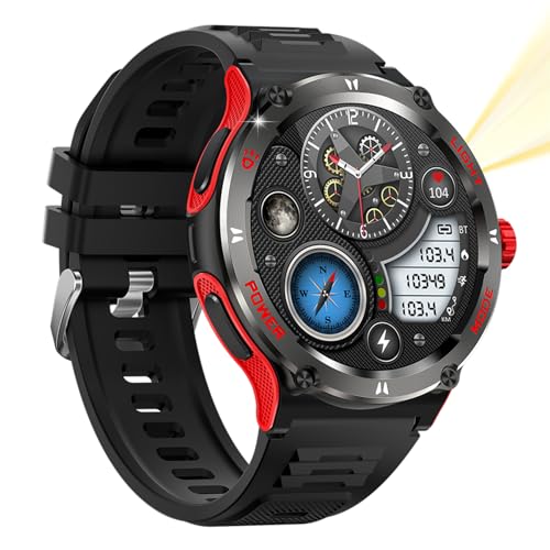 JUSUTEK 2025 革新 アウトドアスポーツスマートウォッチ通話機能付き,4モード懐中電灯,1.53インチ金属丸型腕時計,強力なボディ,破壊防止,軍用規格,羅針盤,センサ機能付き,女性機能,3ATM防水,万歩計,300+文字盤自由設定,ストップウォッ