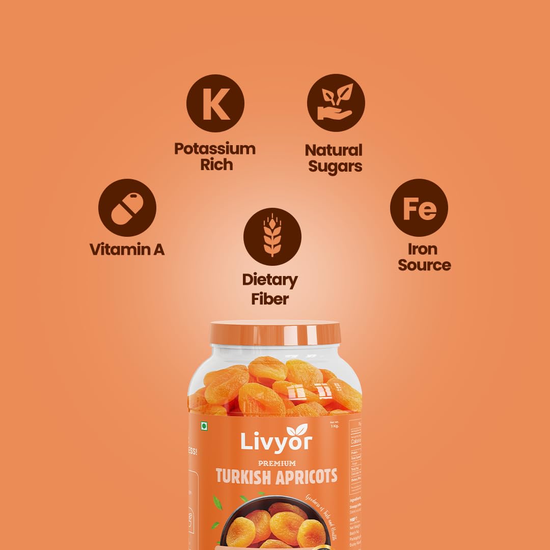 Livyor Turkish Apricots - 1kg | Dry Fruits | Dried Apricot | Khumani | Dried Apricots | Dry fruits Apricots | Rich in Fibre | Gluten Free | Pack of 1 - Image 7 thumbnail