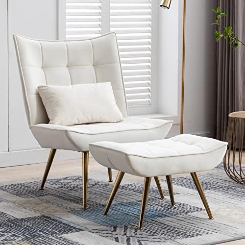 DUOMAY Modern Accent Chair with Ottoman and Pillow, Velvet Upholstered Leisure Reading Chair and Footrest with Gold Metal Legs, Large Width Living Room Chair for Reading Room Bedroom, Beige