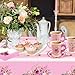 WorldBazaar Tea Party Disposable Tableware Set Tea Party Supplies 12 Sets Pink Floral Paper Tea Cups and Saucers Plates Napkins Tablecloth Pink Birthday Table Decorations Women Girls Adults