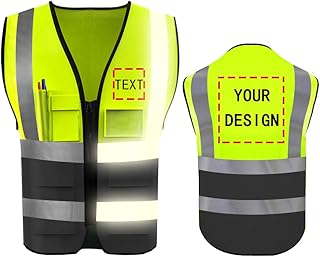 High Visibility Safety Vest with Reflective Strips Custom Your Logo Hi Vis 5 Pockets Outdoor Work Vest (Neon Yellow XL)