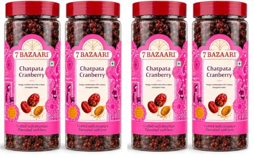 Image of 7 BAZAARI Chatpata Cranberry - Premium Spicy & Tangy Dried Cranberries with Chatpata Seasoning, Cumin, Natural Ingredients,High-Fiber, Heart-Friendly Healthy Indian Snack, 180 Gram Pack (Pack of 4)