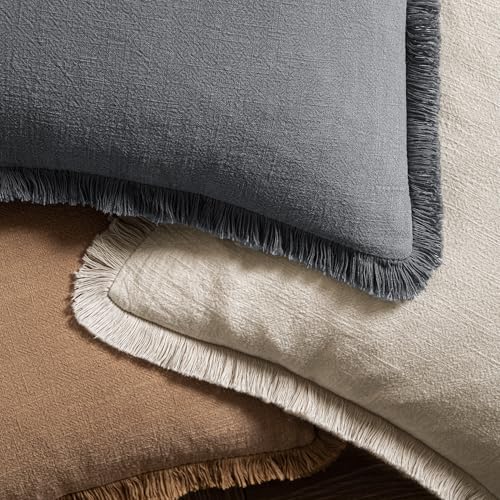 Image of MIULEE Decorative Throw Pillow Covers Neutral Linen Fringe Throw Pillows Set of 2 Grey Boho Farmhouse Cushion Covers with Tassels for Couch Sofa Bed Living Room Spring Decor 18x18 Inch