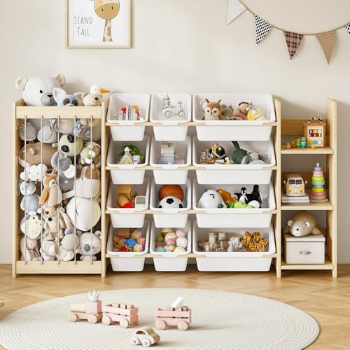 EXPERLAM 3-in-1 Toy Storage Organizer Stuffed Animal Holder & 3-Tier Bookcase Solid Wood Toy Organizer with 12 Storage Bins Space-Saving Toy & Book Shelf for Kids Rooms Bedroom Playroom White