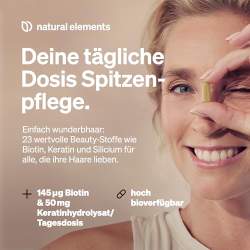 natural elements Haar Vitamine – 180 Kapseln – hochdosiert mit Keratinhydrolysat, Biotin, Selen, Zink, Hirseextrakt, B-Vitaminen & mehr – für Haare, Haut & Nägel* – laborgeprüfte Qualität