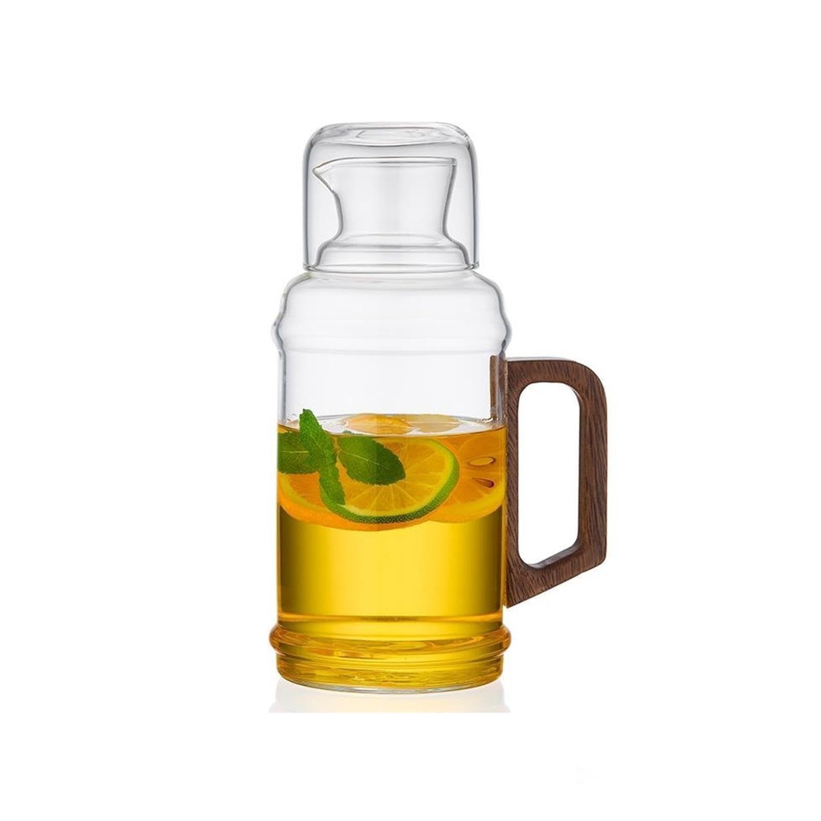 Agua de Vidrio con Mango de Madera, Color Gris Humo, de Paredes Gruesas Jarra de Agua