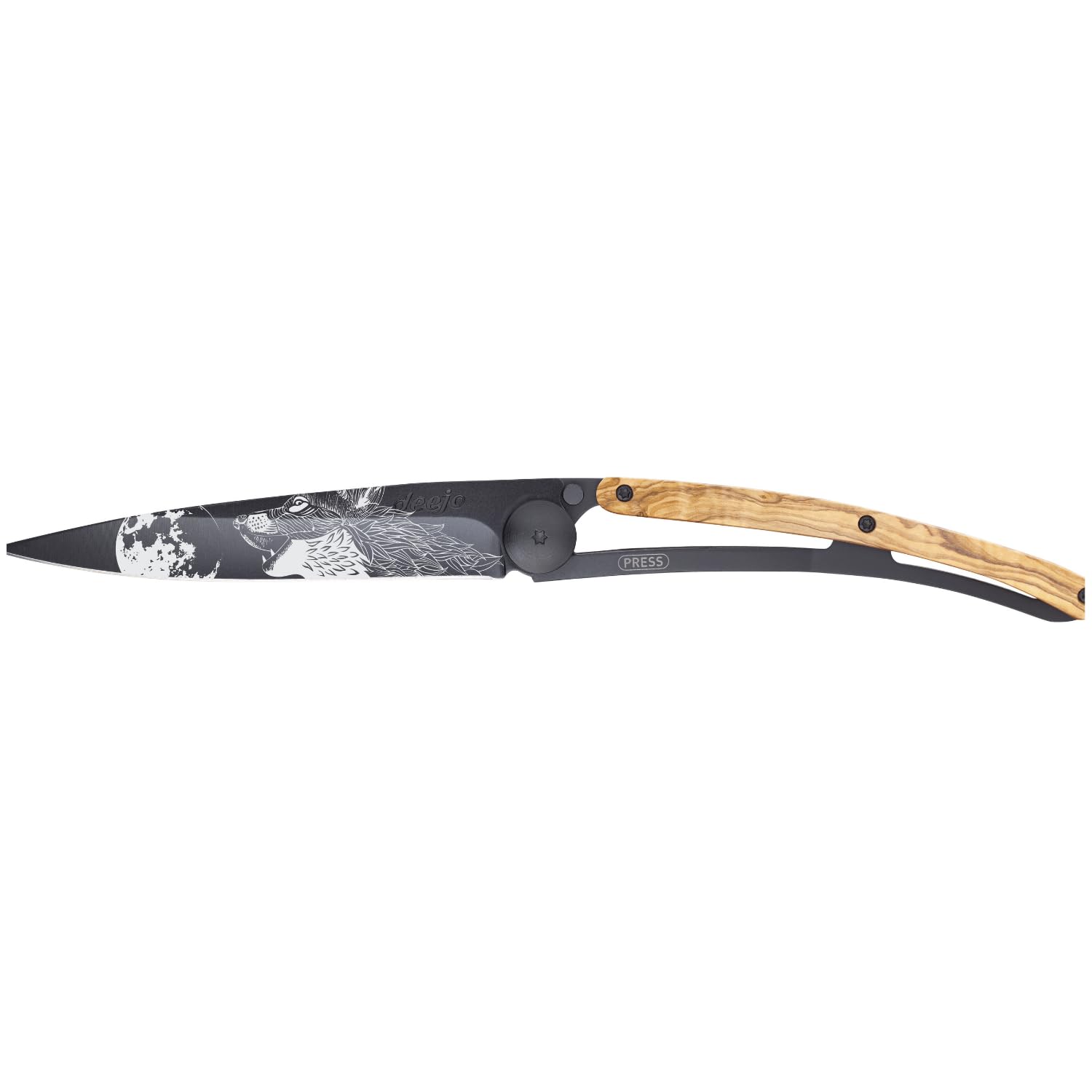 deejo - Couteau de Poche Pliant 37g avec Clip Ceinture - Manche en Bois d’Olivier, Lame en Acier Inoxydable Z40C13 - Motif Hurlement - Couteau de Table, Randonnée, Camping, Bivouac