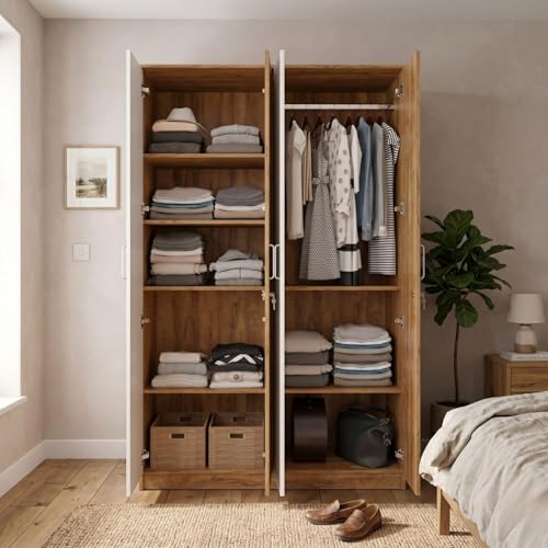 Image of FFO Tokyo 4 Door Wooden Wardrobe for Bedroom with Hanging Rod, Shelves & Lock | Modern Clothes Storage Almirah /Cabinet with White & Coach Wood | Wardrobe Organizer for Clothes, Dresses DIY.