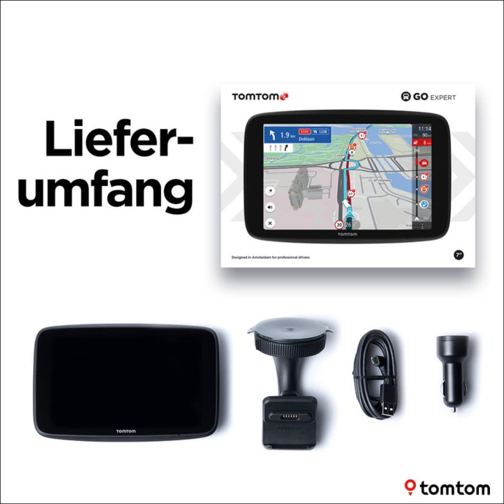 TomTom LKW Navigationsgerät GO Expert (7 Zoll HD-Bildschirm,Routen für große Fahrzeuge, Stauvermeidung dank TomTom Traffic, Weltkarten, Warnungen zu Beschränkungen, schnelle Updates über WiFi) Schwarz