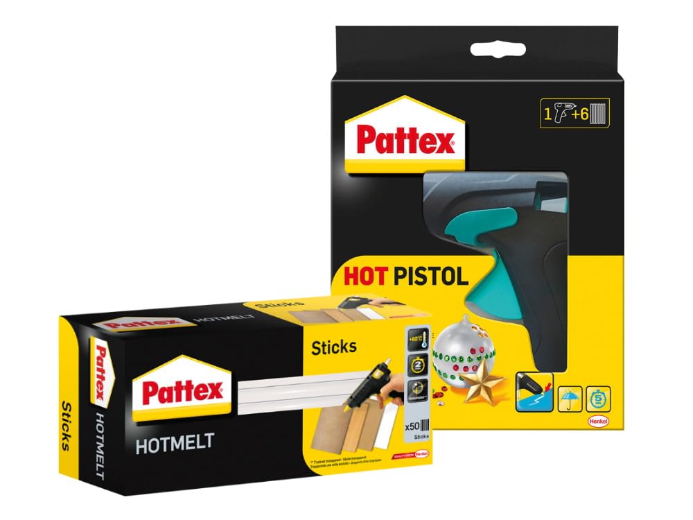 Pattex Hot Pistol Heißklebepistole, Set mit 6 Klebesticks, Ø 11 mm & Pattex Hotmelt Sticks zum Nachfüllen, Klebesticks, Transparent, zum Basteln, 1x 50 Sticks