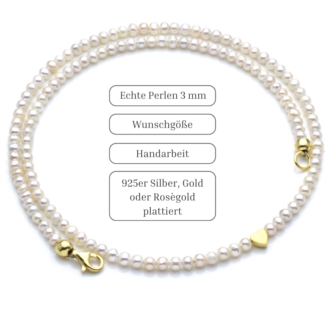 KARYSMA Zarte Perlenkette aus echten Süßwasser-Perlen mit kleinem Herz, Silber oder gold, schönes Geschenk für Frauen und Mädchen