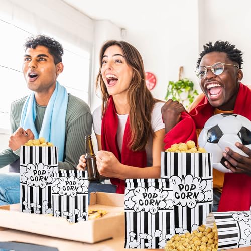 Image of Whaline 100Pcs Movie Night Paper Popcorn Bags 2Oz Black and White Stripe Flat Bottom Popcorn Container Grease Resistant Large Sleeve Popcorns Bucket Disposable for Retro Movie Themed Party Carnival