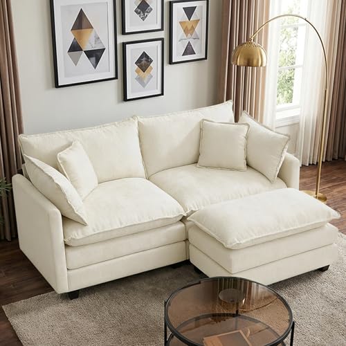 Image of 78 inch Modular Sectional Sofa, L Shaped Cloud Couch with Ottoman | Comfy Chenille Deep Seat Sofa with Throw Pillows, 3 Seat Modern Couches for Living Room Bedroom Apartment, Beige, 78 inch L