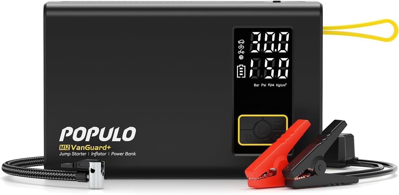 POPULO M12 Jump Starter with Air Compressor 3000A, True 59.2Wh High-Capacity 12V Battery Booster with 150PSI Digital Tir