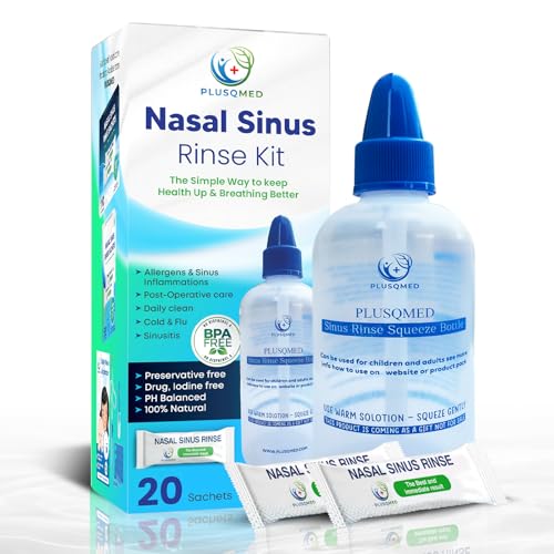 Kit de enjuague sinusal, botella con exprimidor, olla Neti, +20 sobres de sal, Plusqmed original, lavado nasal, enjuague sinusal, para adultos y niños, ducha nasal para limpieza de la nariz y lavado