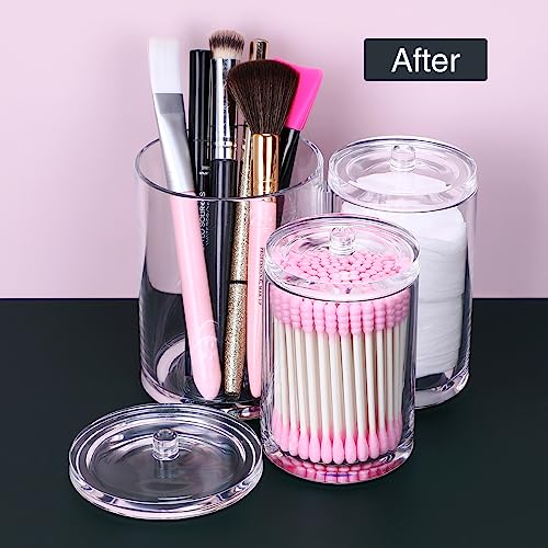 Image of MOSIKER Bathroom Canisters,Round Cotton Ball Pad Holder,Clear Acrylic Qtip Tampon Accessories Organizer with 3 Slots