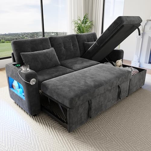 Sapgaks Canapé d'angle Convertible Moderne en L avec LED,Port de Chargement USB,Porte-gobelet,Poches latérales,Espace de Rangement,canapé lit,canapé...