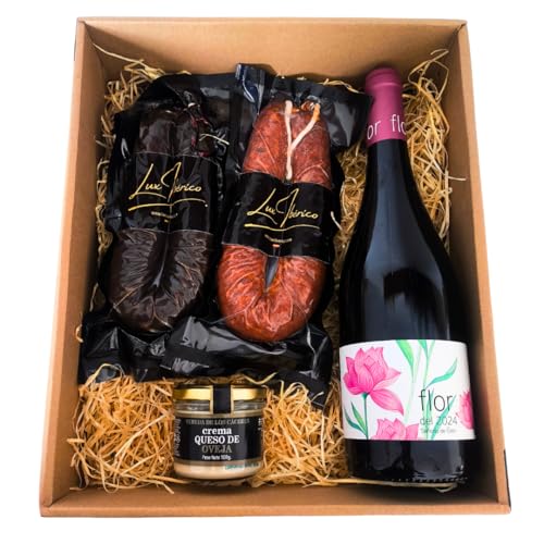 LUX IBÉRICO - Cesta Gourmet para Regalar 'Arcavium' – Caja de Productos Ibéricos – Lote con Crema de Queso de Oveja, Patatera, Achorizada - Regalo Original - Surtido Embutidos Tradicionales