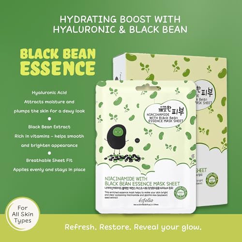 esfolio Niacinamide Black Bean Essence Mask Sheet – Hydrating Korean Face Mask for Dark Spots, Pore Care, Oil Control, Improves Skin – Moisturizing Skin (Pack of 10)