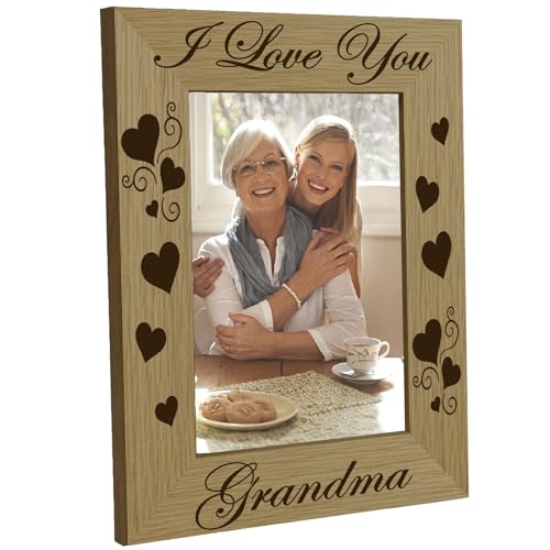 CREATCABIN Grandma Picture Frames Engraved Natural Wood Picture Frame Display Pictures 4x6 Wall Mounting Heart Poster Photo Frame Stand for Wall Hanging Gallery Tabletop 6x8Inch-I Love You Grandma
