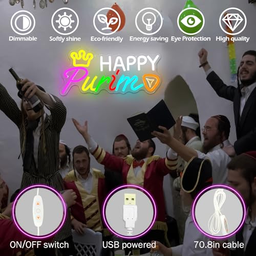 Image of Happy Purim Neon Sign Purim Neon Signs for Wall Decor Dimmable Purim Decorations Led Sign Jewish Carnival Party Hanging Neon Lights for Kids