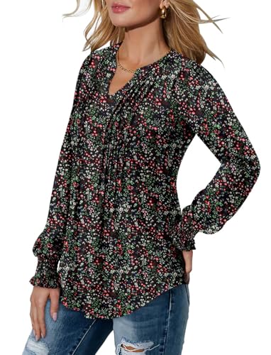 BETTE BOUTIK Long Sleeve Shirts for Women Fall Tops Dressy Blouses Pleated V Neck Tunic Tops for Leggings S-3XL