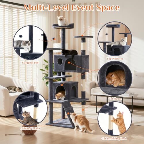Image of Sweetcrispy 62 Inch Cat Tree Tower, Multi-Level with Cat Scratching Post, Indoor Cat Condo with Climbing Ladder, Plush Toy, Play House for Cat, Dark Grey